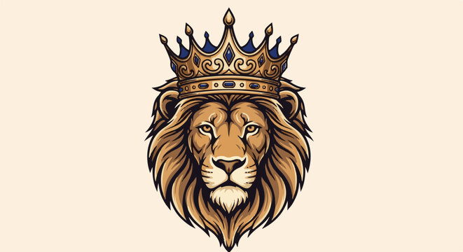 Majestic lion portrait adorned with a regal golden crown, exuding power
