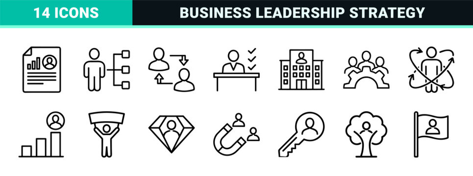Human Resources and Management Process Outline Icons featuring Talent Acquisition, Workforce Optimization, and Corporate Leadership Symbols in Minimalist Monoline Style