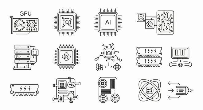Stylized icons representing computer hardware and technology components