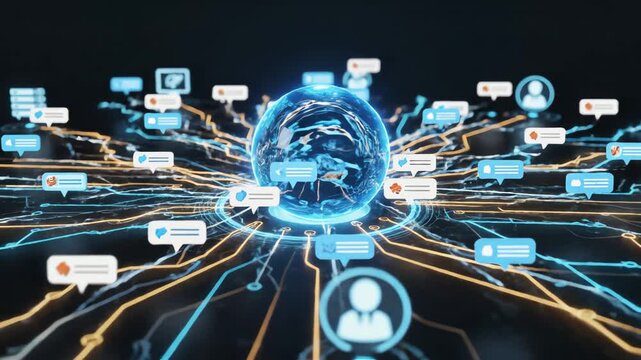 Dynamic global network showcasing digital connectivity, data flow, and online social interactions, representing worldwide communication and data exchange across the internet
