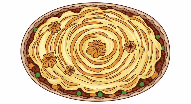 Oval dish with layered filling, topped with swirled mashed potatoes and decorative piping