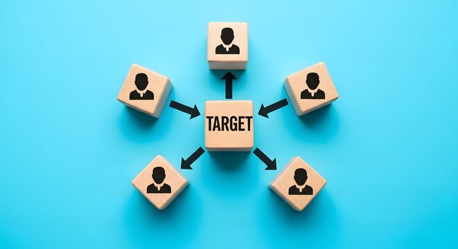 Target Audience Marketing: Five Person Icons on Wooden Blocks Pointing to a Central "TARGET" Block on a Bright Blue Background.