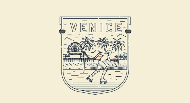 Stylized crest depicting rollerblader on beach with Ferris wheel and palms