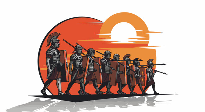 Line of soldiers in ancient armor marching at sunset