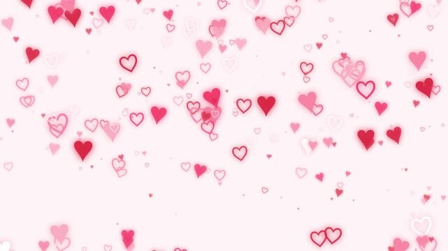 Abstract pink and red hearts scattering across a light background, symbolizing love and celebration, a romantic festive pattern