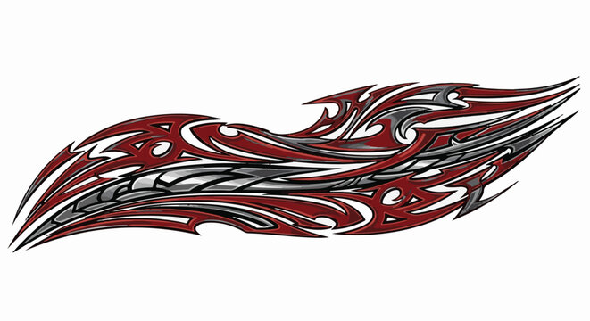 Red and grey abstract tribal flame graphic on a white background