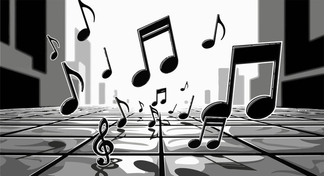 Musical notes dance above a reflective, tiled floor with a cityscape background