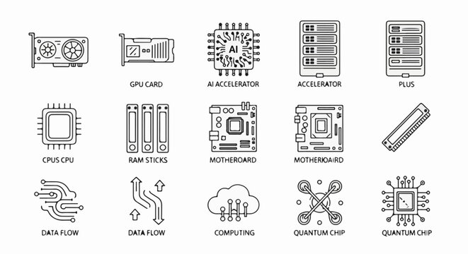 Stylized icons of computer hardware and processors