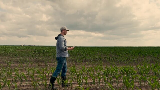 agriculture, farmer working corn field digital tablet, Agricultural worker with tablet in corn field, Early stage corn crop, Digital solutions in farming, Environmental agriculture, Modern farm