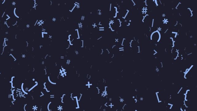 Dynamic illustration of various programming code symbols and mathematical operators scattering across a dark digital space