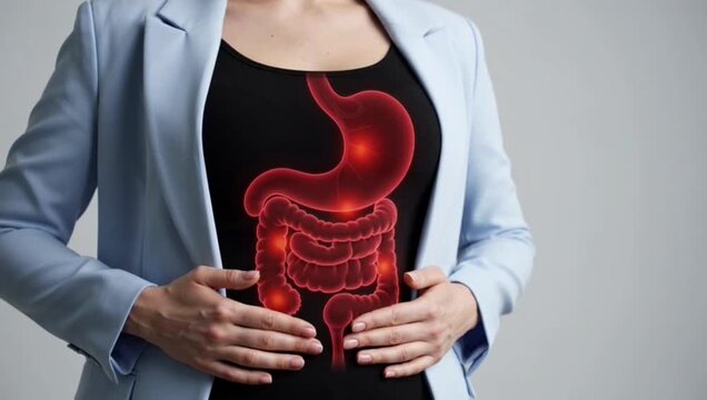 Human digestive system with gastrointestinal issues such as stomach ulcers or irritable bowel syndrome. 