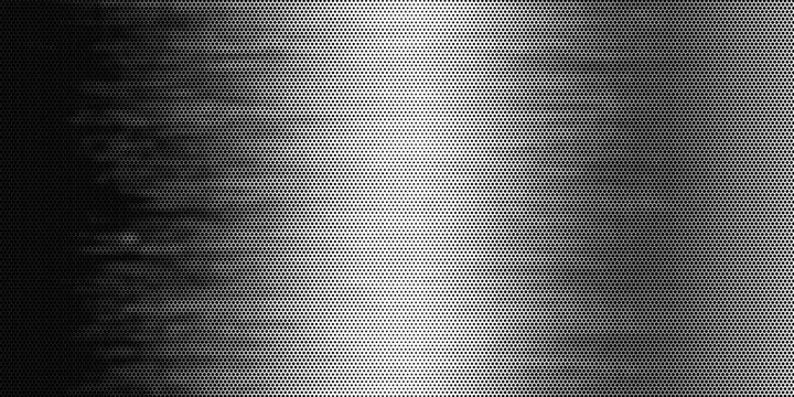 Hexagon halftone gradient texture. Abstract black grunge background. Geometric retro halftone tech overlay. Fading wavy hexagonal pattern backdrop. Vector vanishing honeycomb grunge bitmap wallpaper