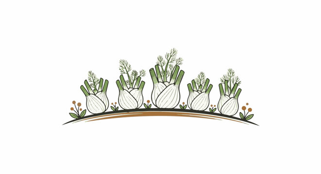 stylized line art of five bulbous white and green plants with feathery tops