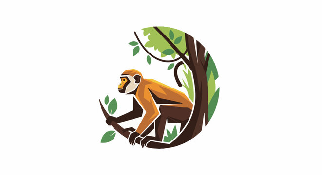 Stylized orange monkey perched on a tree branch in a circular forest vignette