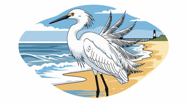 A white egret stands on a sandy beach with waves crashing nearby