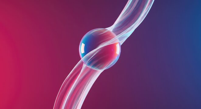 A delicate iridescent sphere, perhaps a droplet or bubble, suspended and partially wrapped by a soft, flowing translucent veil of light material ,protection ,fragile ,bubble