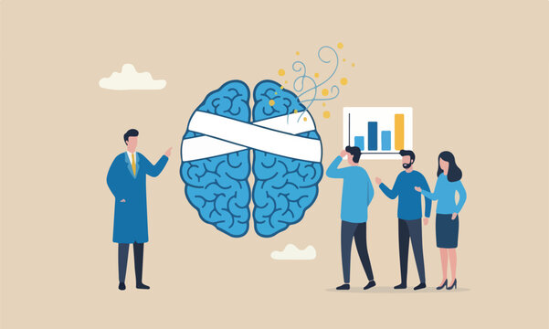 meeting psychotherapy, heal stress disease, mental wellbeing concept, doctor analyze cured mental illness brain with bandage