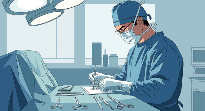 Surgical operation scene in modern hospital with skilled surgeon in blue scrubs
