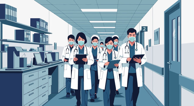 Medical professionals in hospital corridor walking with confidence and focus