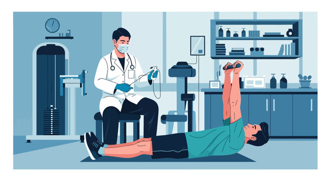 Doctor supervises fitness session with patient in modern medical facility