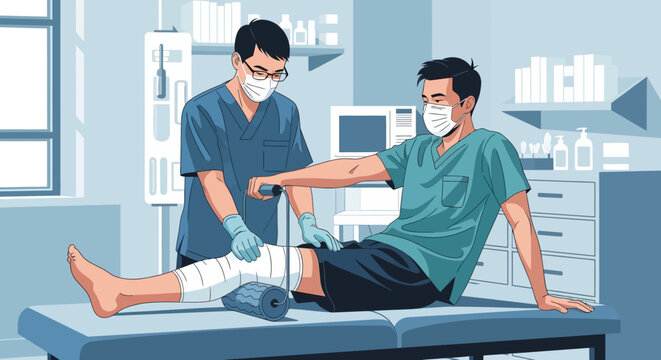 Medical rehabilitation scene with physical therapist applying bandage in modern clinic