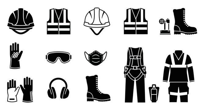 Construction PPE Silhouette Icon Set Safety Helmet Vest Boots Equipment Vector Isolated on White