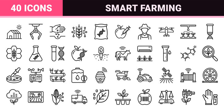 Smart Farming and Agrotech Minimalist Monoline Outline Symbols Featuring Agricultural Automation, Genetic Research, and Precision Farming Data