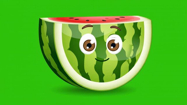 Animated watermelon slice character on green background cute happy fruit with cartoon eyes for kids animation and summer themes