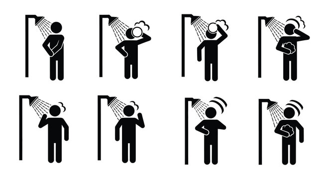 Pictograms showing a person taking a shower in various stages