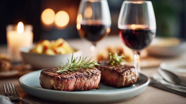 Romantic dinner for two with grilled steaks, red wine, and candlelight