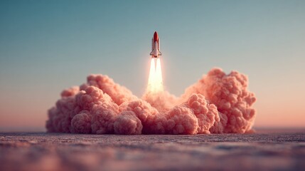 Space shuttle launching into the sky with dramatic pink clouds and bright flames