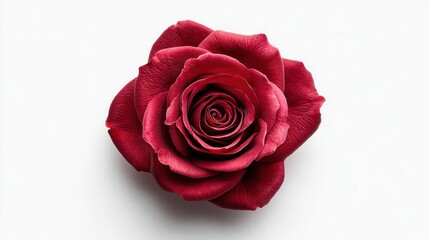 Elegant deep red rose bloom with velvety petals on a clean white background
