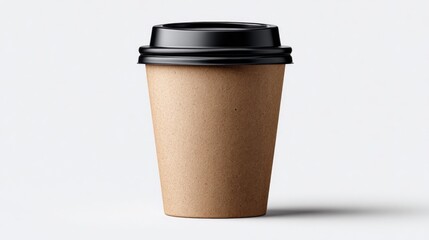 Disposable kraft paper coffee cup with black lid, isolated on a clean white background