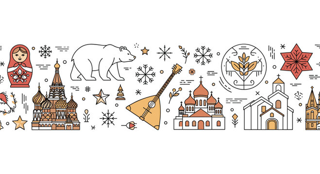 Traditional russian folk symbols including matryoshka doll, st basils cathedral, bear, and balalaika in a modern line art banner.
