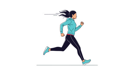 Fototapeta premium Active woman with dark hair running in a light blue hoodie and black leggings for fitness training outdoors or at gym.