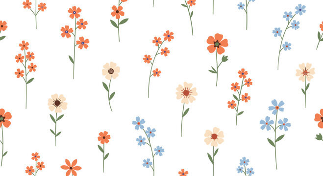 Delicate seamless pattern of various small orange blue and cream wildflowers on a white background for fabric design.