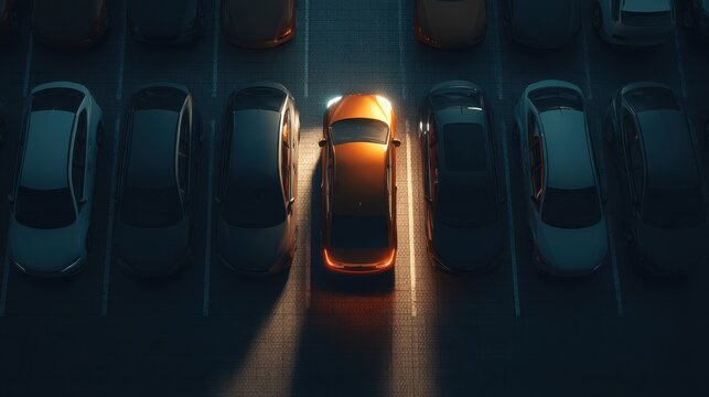 A bright orange car is parked between dark vehicles in a dimly lit parking lot, highlighting contrast and focus on the vibrant vehicle.