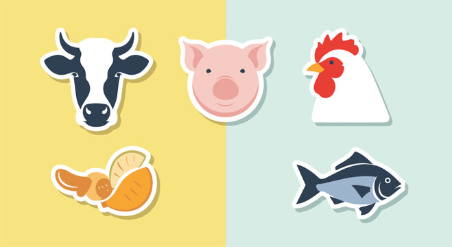 Set of farm animal stickers including cow pig chicken and fish along with a bowl of food on a colorful background.