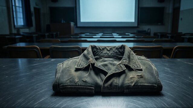 Worn Denim Jacket on Empty Classroom Desk