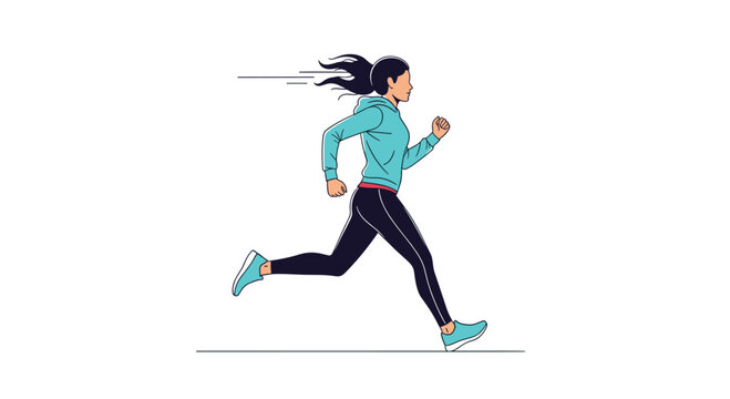 Active woman with dark hair running in a light blue hoodie and black leggings for fitness training outdoors or at gym.