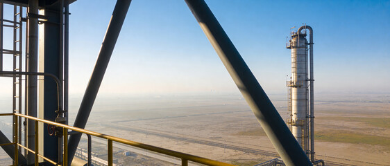Naklejka premium Panoramic view from an industrial platform looking at a tall distillation tower and vast desert expanses.