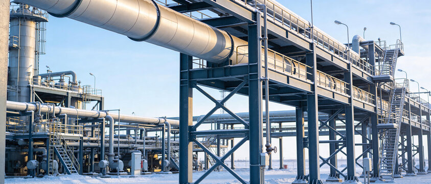 View of industrial pipelines and metal trestles against a winter snowy landscape and clear blue sky.