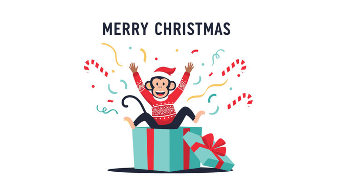 Joyful monkey wearing a santa hat and sweater jumping out of a gift box with confetti and candy canes around.