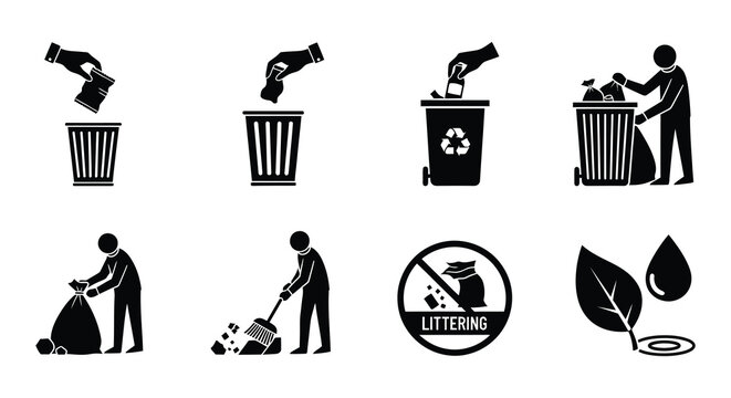 Pictograms illustrating proper waste disposal and environmental responsibility