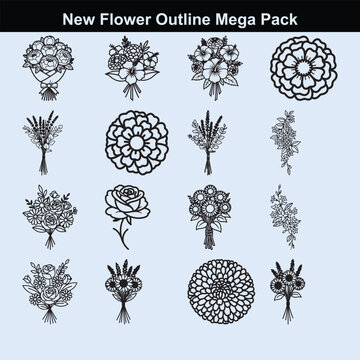 Decorative floral bouquet icons in black and white line art.