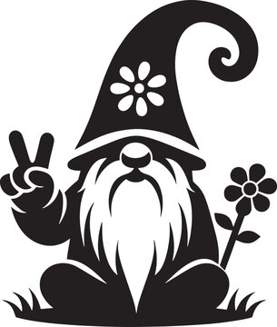 Gnome silhouette with flower and peace sign sitting in grass for seasonal spring decoration.
