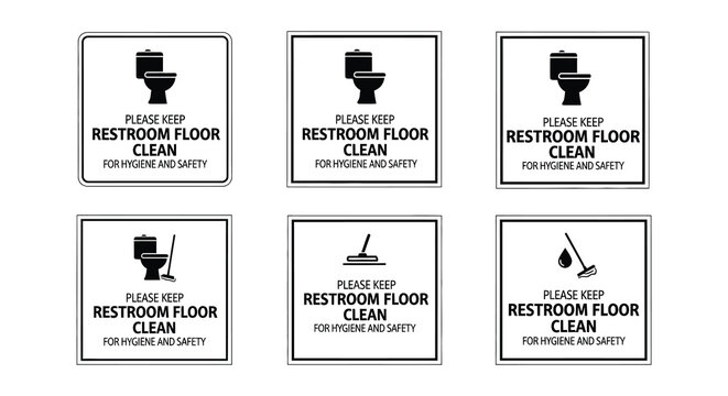 Collection of restroom signage requesting cleanliness for hygiene and safety