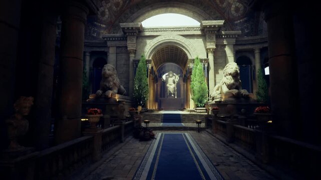 romantic sunlit ceremonial aisle framed by columns and garlands, soft lantern glow and blue runner leading to altar, intimate classical architecture ideal