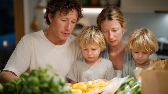 Kitchen counter covered with unpaid utility notices and empty grocery bags while family of four eats simple pasta dinner together, perfect for income struggle and contemporary resilience theme cinem