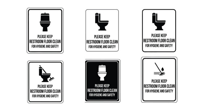 Collection of restroom signage requesting cleanliness for hygiene and safety